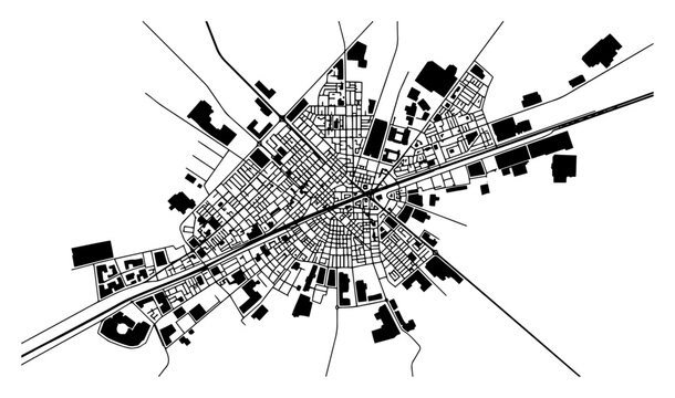 Abstract black and white city map with geometric street layout and building blocks