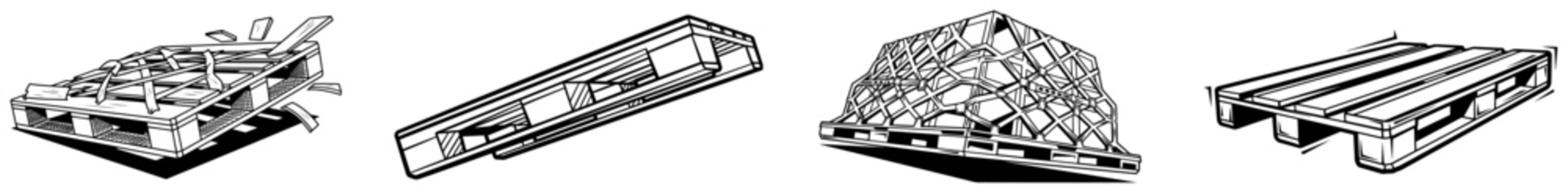 Set of wooden shipping pallets in different states including broken and wrapped versions
