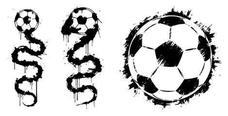 Artistic soccer ball illustrations featuring dripping ink trails and circular splatter effects © Katarzyna