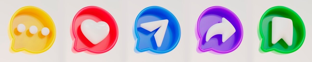 3D illustration for social media: save, comment, share, and like.