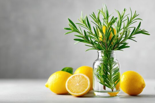 Glass Bottle Herbal Detox Drink Aesthetic concept. Fresh Green Herbs in a Glass Jar with Bright Yellow Lemons on a Classy Gray Surface