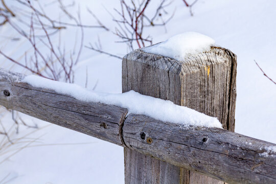 Wooden fence covered with snow