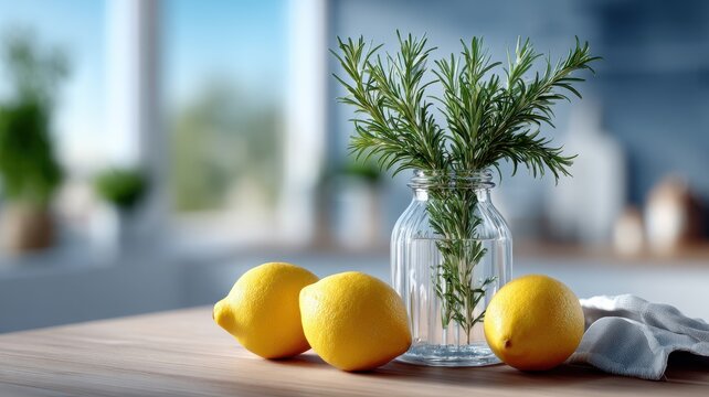 Glass Bottle Herbal Detox Drink Aesthetic concept. Fresh Lemons and Green Herbs in a Clear Glass Jar on a Wooden Table in a Bright Kitchen Setting
