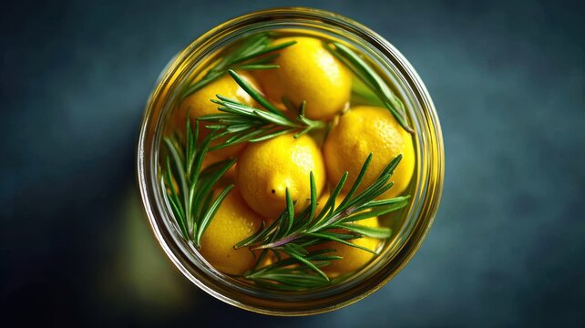 Glass Bottle Herbal Detox Drink Aesthetic concept. Fresh Lemons and Rosemary Infused in a Jar with Elegant Background for Culinary Inspiration