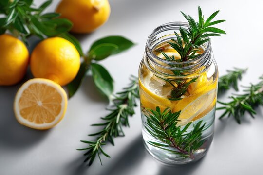 Glass Bottle Herbal Detox Drink Aesthetic concept. Refreshing Lemon Water Infused with Fresh Herbs in a Clear Jar on a Light Background