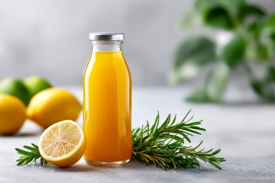 Glass Bottle Herbal Detox Drink Aesthetic concept. Fresh Lemonade in Glass Bottle with Lemon and Rosemary on Wooden Table with Green Background