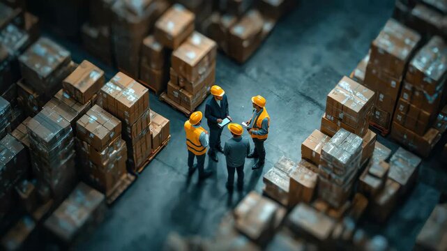 Meeting of workers in a bustling warehouse filled with stacked boxes and goods during a bright afternoon in a busy industrial area