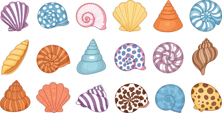 Colorful Seashell Cartoon Vector Set with Spiral, Scallop, Conch and Nautilus Shells for Beach, Summer and Nautical Designs