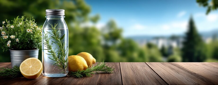 Glass Bottle Herbal Detox Drink Aesthetic concept. Refreshing lemon and rosemary infused water in glass bottle with lemons and herbs on wooden table