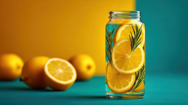 Glass Bottle Herbal Detox Drink Aesthetic concept. Refreshing Lemon and Rosemary Infusion in a Jar on Colorful Background with Whole Lemons Nearby