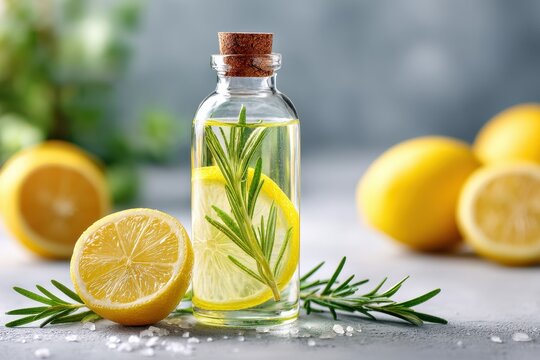 Glass Bottle Herbal Detox Drink Aesthetic concept. Fresh Lemon Infused Water with Rosemary in a Glass Bottle on a Gray Background with Lemon Slices