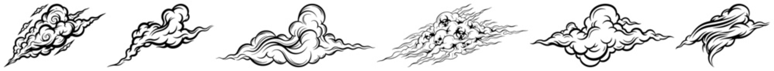 Collection of vintage cloud and smoke elements in hand drawn woodcut style