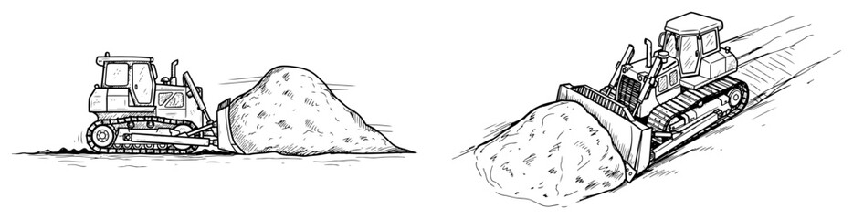 Industrial bulldozer moving a large pile of sand in hand drawn sketchy style © Katarzyna