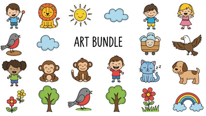 Obraz premium Whimsical art bundle featuring diverse cartoon characters and nature elements