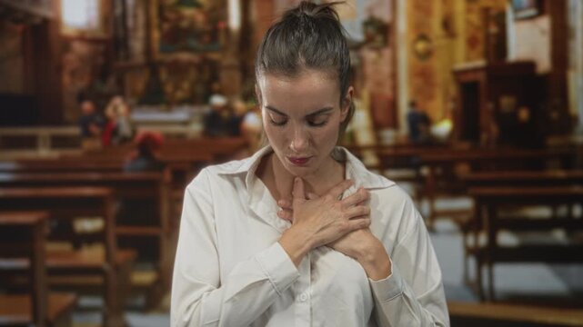 Woman clutching chest with both hands over her heart in church building with wooden pews and fresco artworks visible; pain suffering anguish distress.