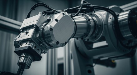 Industrial Robotic Arm Close Up In Modern Factory Automation Production Line Advanced Engineering Manufacturing Technology Equipment Precision Machinery Concept