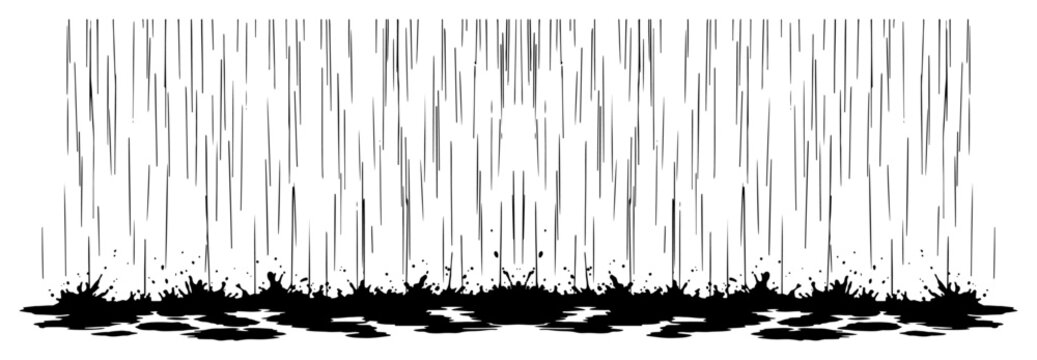 Heavy rain falling into puddles with splashes on white background