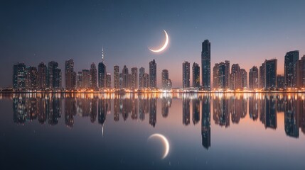 Fototapeta premium City Skyline with Skyscraper, Crescent Moon, and Calm Water Reflection 