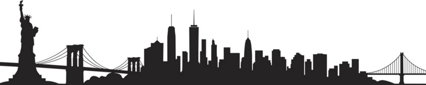 New York City skyline silhouette with Statue of Liberty, Brooklyn Bridge, Manhattan skyscrapers, urban landmark panorama illustration, black cityscape vector