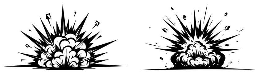 Dynamic explosive blast and smoke clouds set in woodcut style © Katarzyna