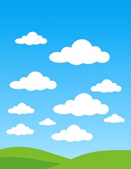 Fototapeta premium Cartoon depiction features a sunny sky above rolling green hills with white fluffy clouds scattered throughout the sky