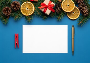 Festive christmas flat lay with gift citrus and writing supplies on blue