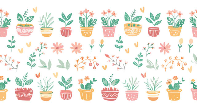 Doodles cute seamless pattern. Color vector background, spring theme. Illustration with pots, leaves and flowers. Design for T-shirt, textile and prints. .vector icon