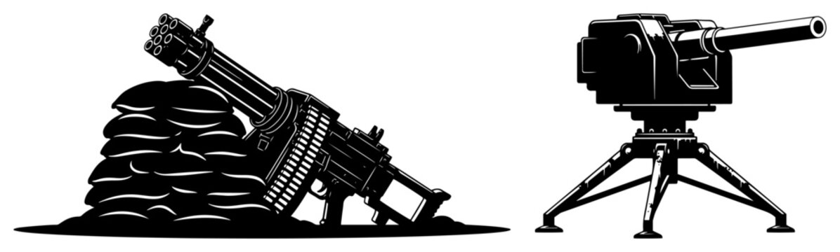 Set of heavy military weapons including a machine gun and cannon on tripod