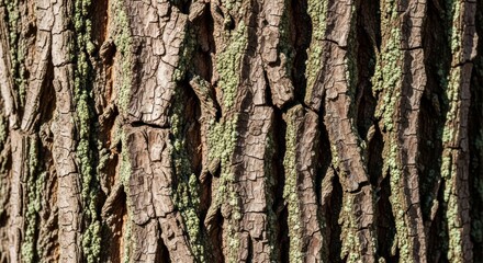 Obraz premium A tree bark texture with green lichen on it.