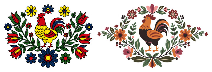 Traditional folk art illustration of colorful roosters surrounded by floral wreaths © Katarzyna