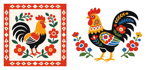 Scandinavian style folk art roosters with intricate patterns and vibrant floral elements © Katarzyna