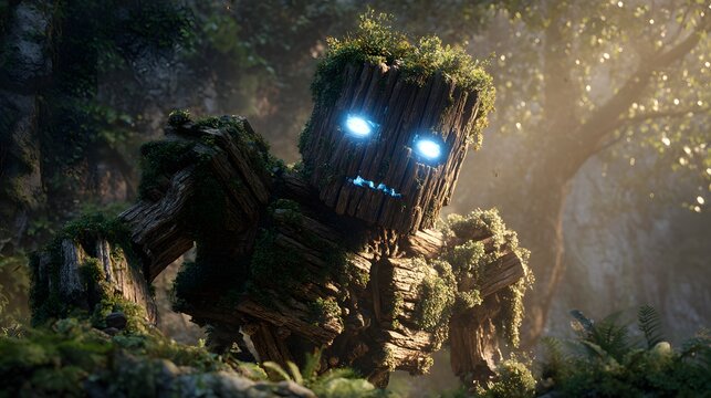 Groot, a tree-like creature with glowing eyes, emerges from a lush, mystical forest.