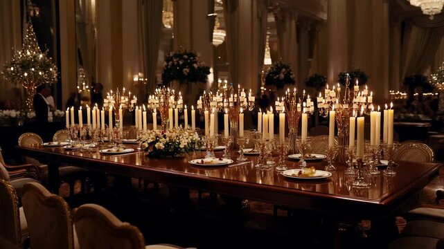Formal dinner setup with candles and flowers in an elegant ballroom for a luxury event with soft lighting and classy decor