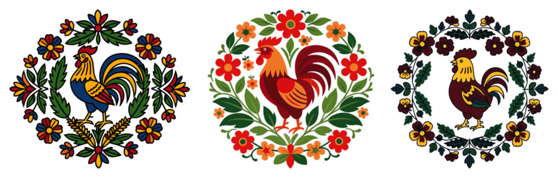 Set of circular emblems featuring colorful roosters inside decorative floral wreaths in folk art style
