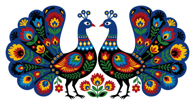 Vibrant symmetrical illustration of two peacocks in traditional Polish folk art style