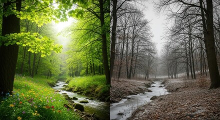 Fototapeta premium Two streams flow through a forest, one with vibrant green leaves and the other with fallen leaves and a misty atmosphere.