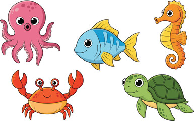 Naklejka premium Cute Sea Animals Cartoon Set Octopus Fish Seahorse Crab Turtle Colorful Marine Characters Vector Illustration Isolated on White Background