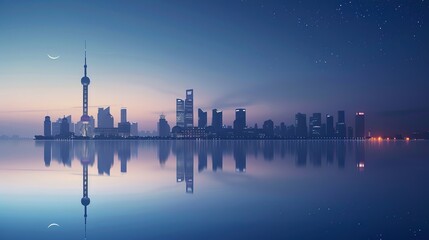 Fototapeta premium City Skyline with Skyscraper, Crescent Moon, and Calm Water Reflection 