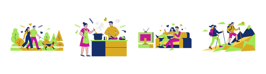 Flat Vector Couple Lifestyle Activity Asset Sheet for Wellness and Relationship Marketing
