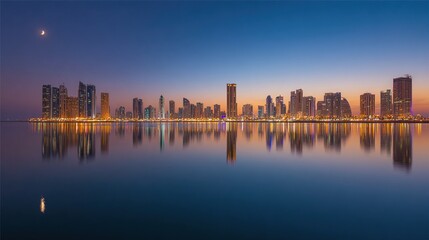 Fototapeta premium City Skyline with Skyscraper, Crescent Moon, and Calm Water Reflection 