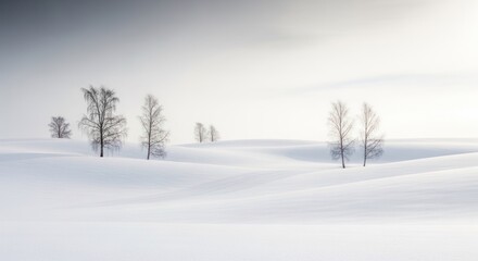 Fototapeta premium Winter landscape with snow-covered trees and hills under a cloudy sky.
