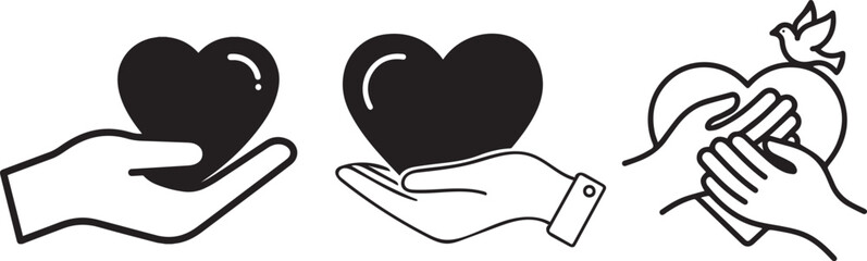 Obraz premium Heart in hand icons set, hands holding heart, love icon, health and medicine symbols, healthcare, flat and line style, stock vector.