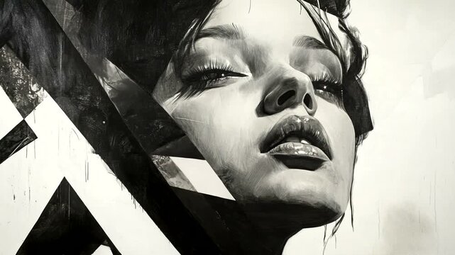 Close-up monochrome portrait of a woman with abstract geometric shapes overlay.