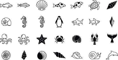 Sea Life Outline Icon Set Fish Shell Seahorse Penguin Shark Turtle Octopus Starfish Crab Lobster Dolphin Marine Line Art Vector Collection © Priyanka