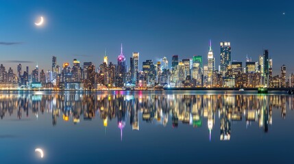 Obraz premium City Skyline with Skyscraper, Crescent Moon, and Calm Water Reflection 