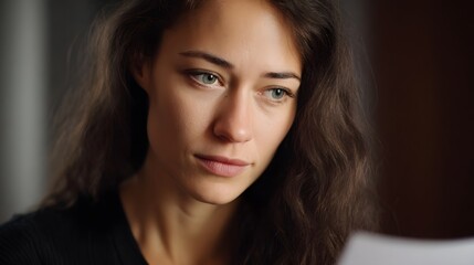 Naklejka premium A woman looking down at a document with a focused and pensive expression
