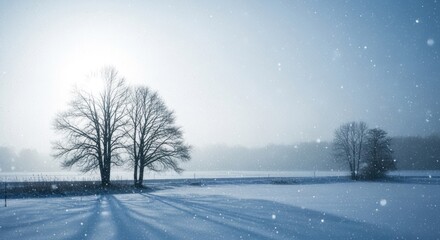 Two bare trees in a snowy landscape with falling snowflakes against a clear blue sky.