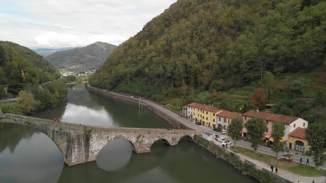Amazing aerial view of Ponte della Maddalena, as known as Devils Bridge, near the town of Lucca, Tuscany