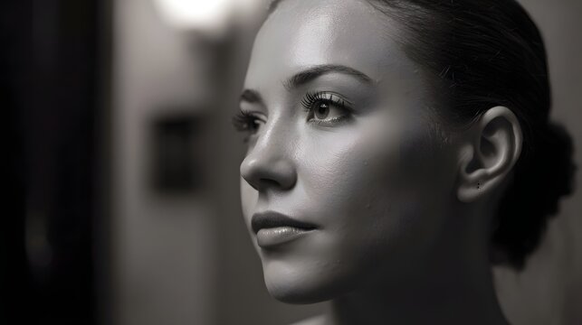 Elegant black and white close up profile portrait of a woman with soft lighting