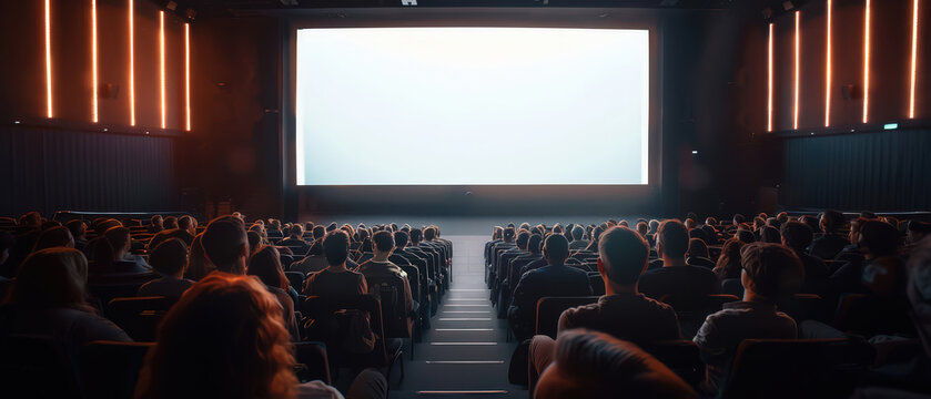 Large audience watching a movie in a modern cinema hall with a bright blank screen, ideal for concepts of entertainment, film industry, media, leisure, and events.